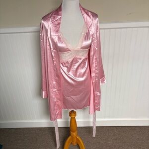 Vintage Pink Satin-Like Robe and Nightgown Set